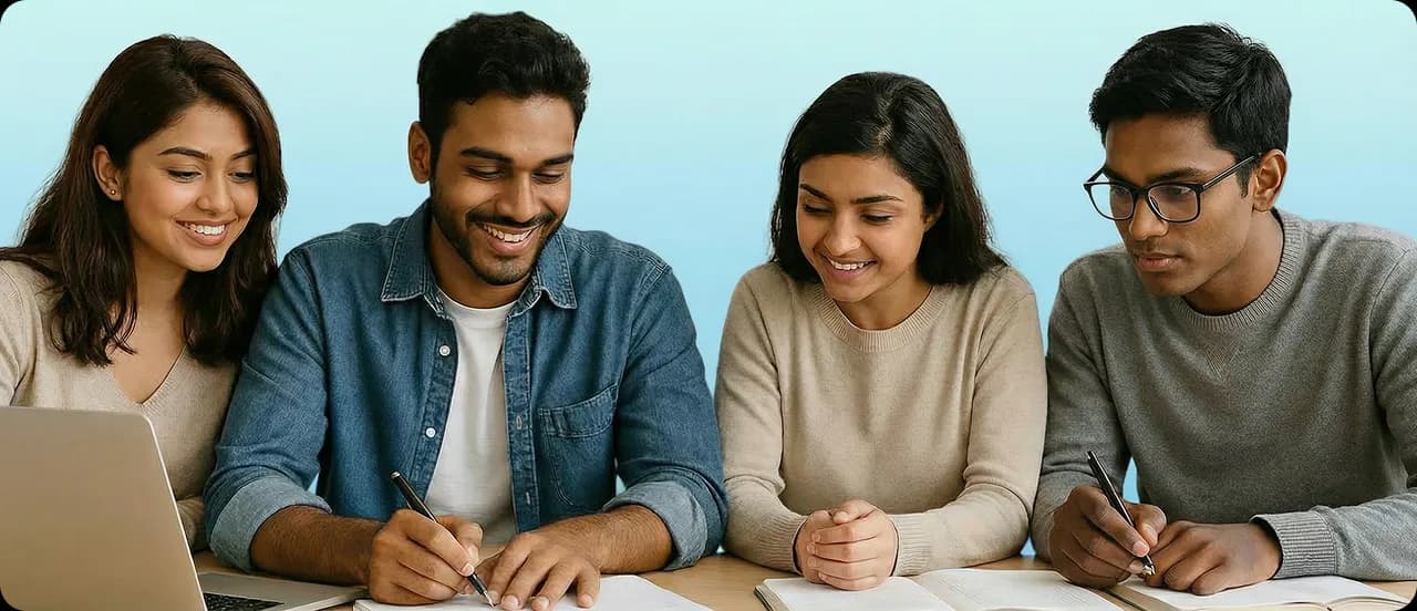 Students collaborating in a modern campus setting
